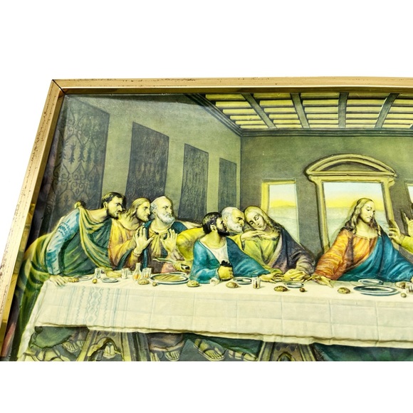 Vintage Religious Kitsch 3D The Last Supper Gold Framed 15x8 Intercraft Da Vinci - Picture 3 of 7